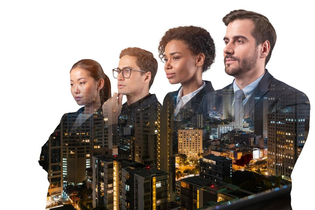 four people with dubai buildings and area in background